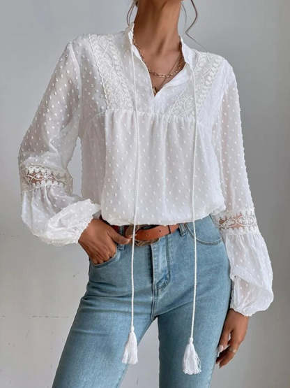Lace blouse with long sleeves and V-neck