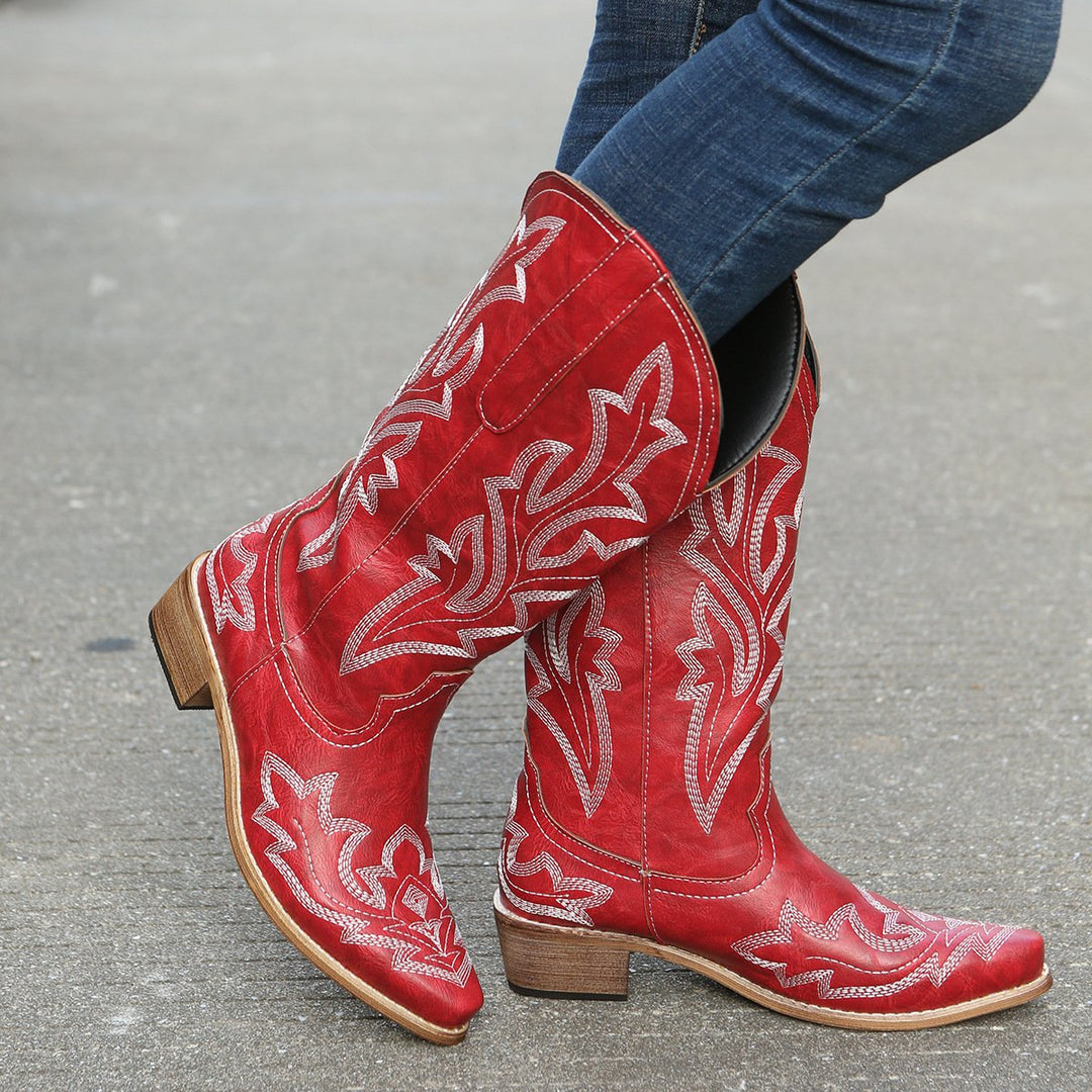 Women‘s Flower Embroidery Mid Calf Cowboy Boots Embroidery