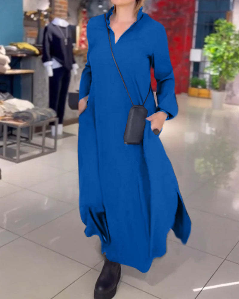 Loose Long Dress with Side Slit Lapel