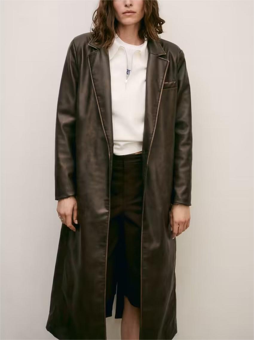 Women's Long Brown Leather Coat