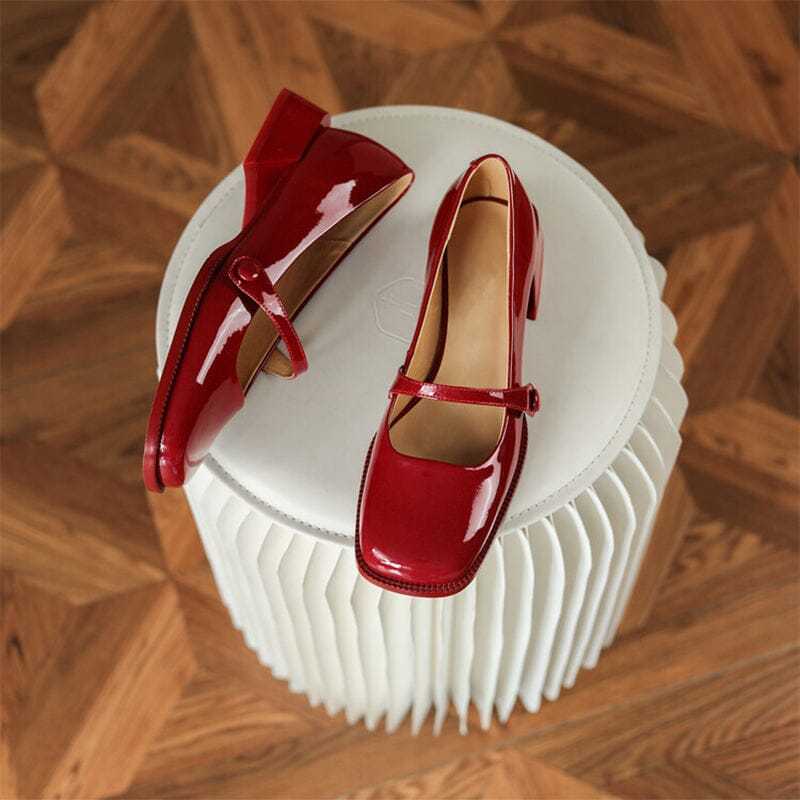 Handmade Patent Leather Mary Jane Pumps Block Heel Office Shoes