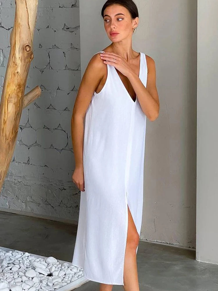  Linen Split Midi Dress