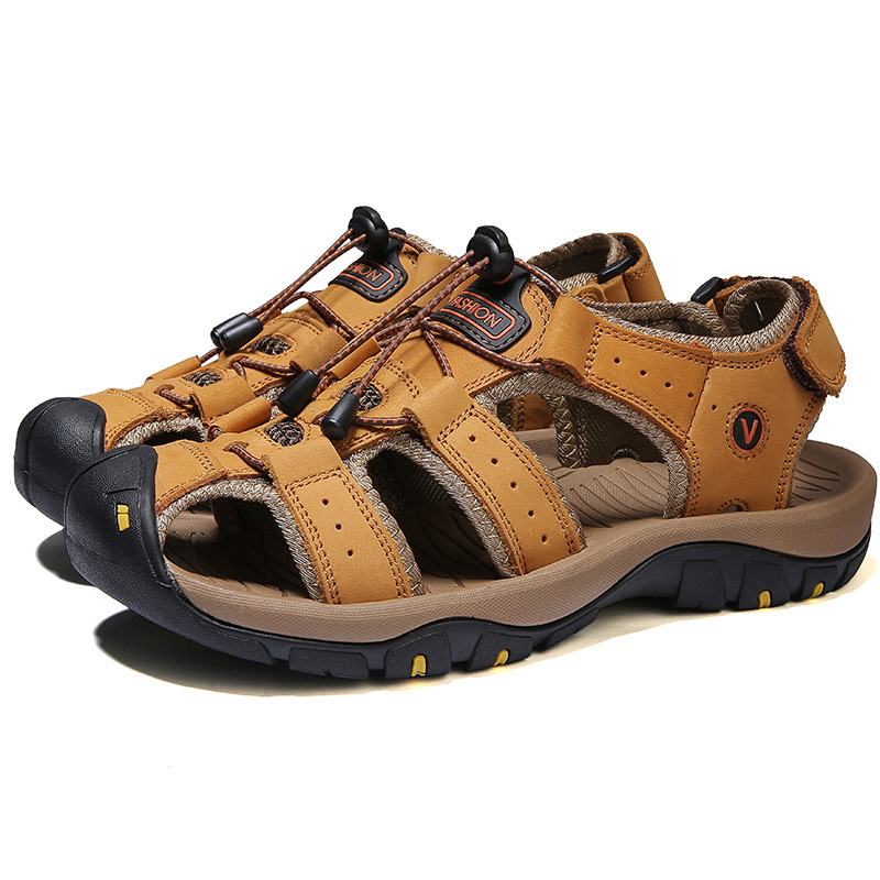 Men Summer Beach Leather Sandals Closed Toe Hollow out Breathable Shoes