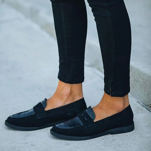 Women's Classic Block Heel Round Toe Vintage Leather Loafers