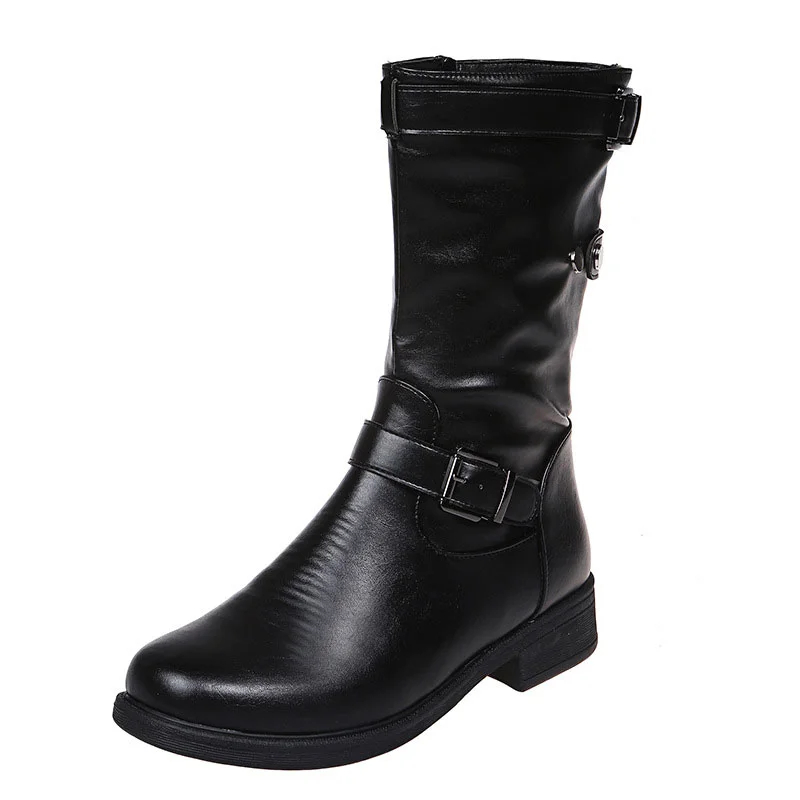 Low Heel Women's Boots with Polished Color Belt Buckle