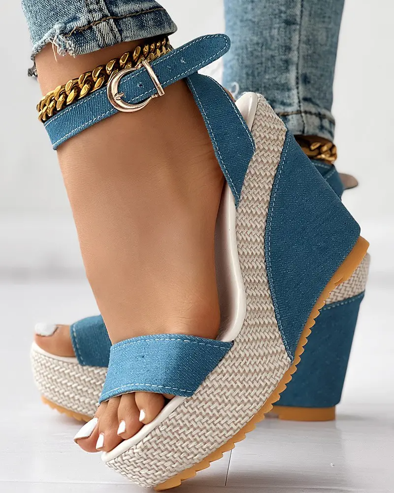 Ankle Strap Peep Toe Platform Denim Wedge Sandals
