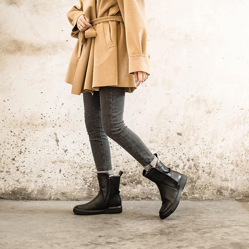 Waxing Leather Chelsea Boots Handmade British Boots Double Zip Fleece Lined Snow Boots