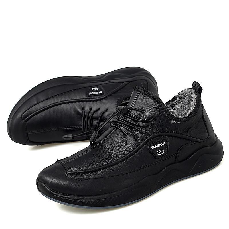 Men's Plush Lining Warm Elastic Lace Non Slip Casual Leather Shoes