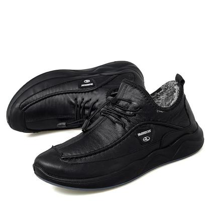 Men's Plush Lining Warm Elastic Lace Non Slip Casual Leather Shoes