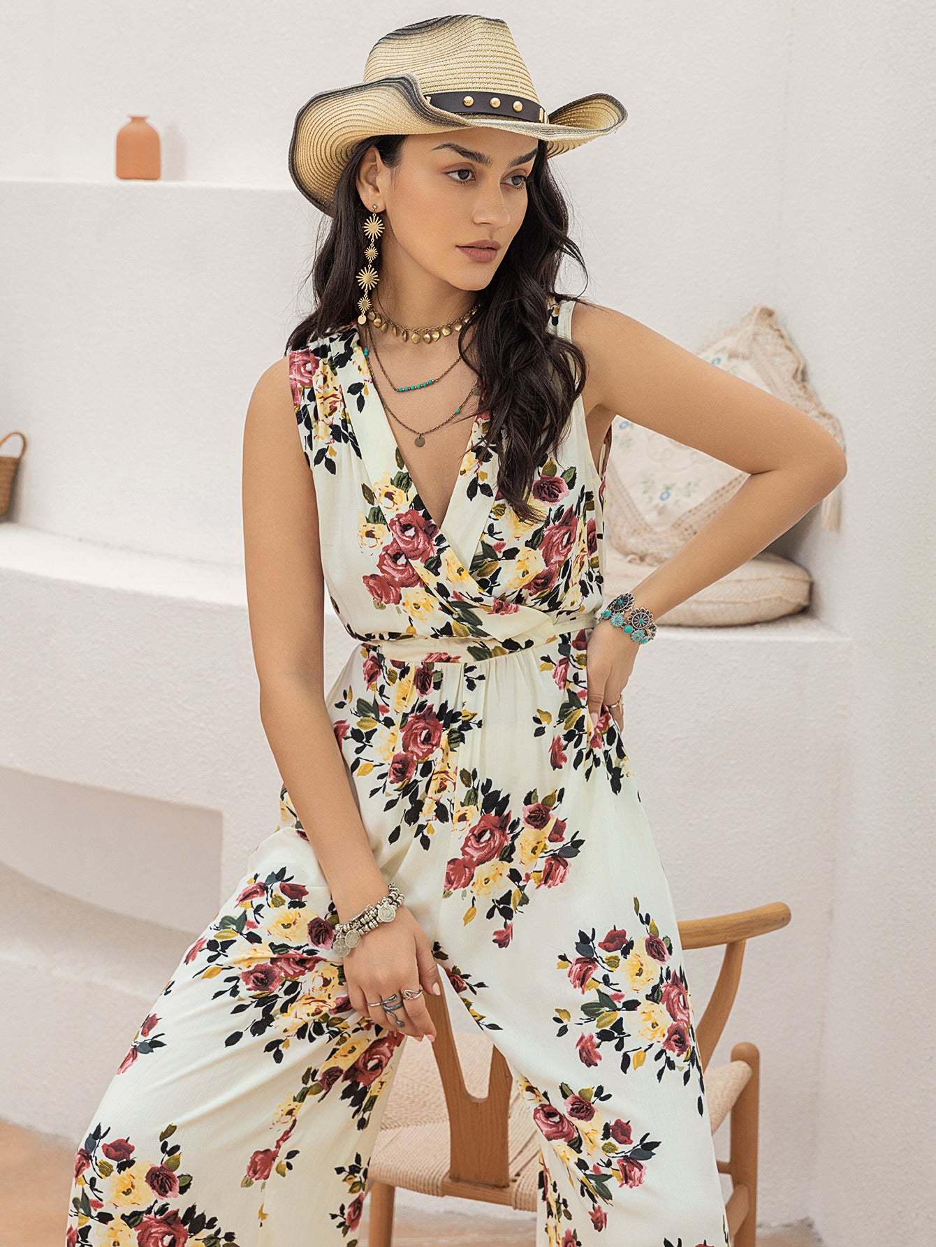 Floral Sleeve Wide-Leg Jumpsuit