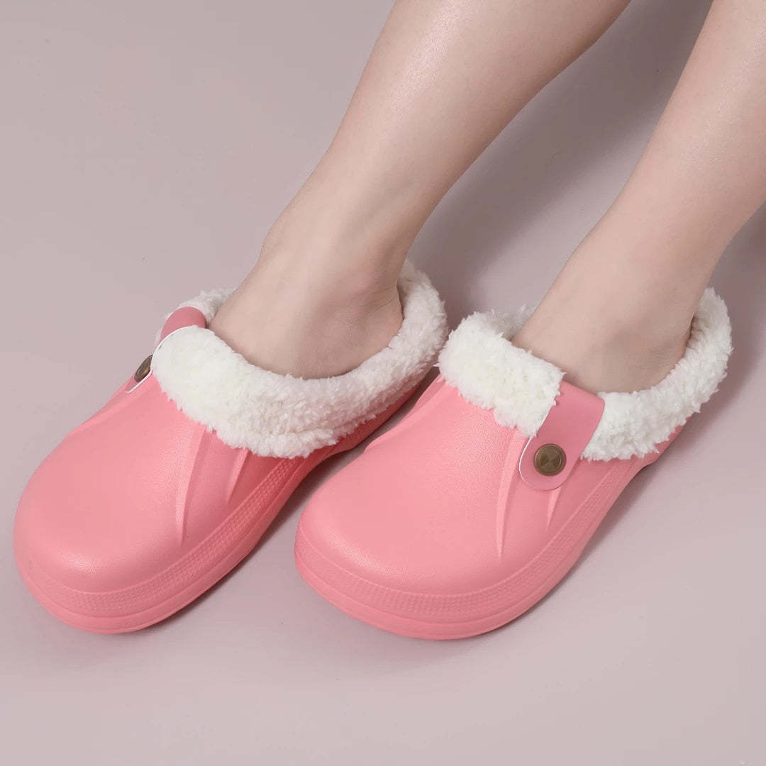 Plush Winter Slippers Women Heel Support Waterproof Slides