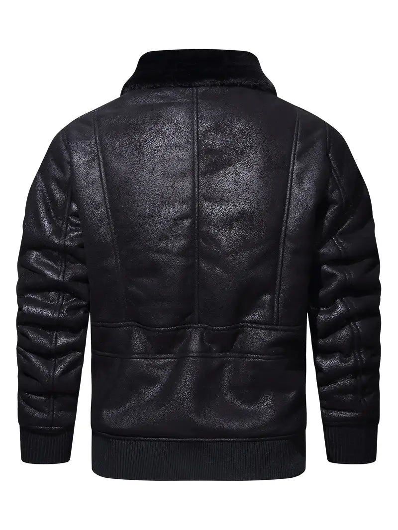 Vegan Leather Jacket with Shearling Collar