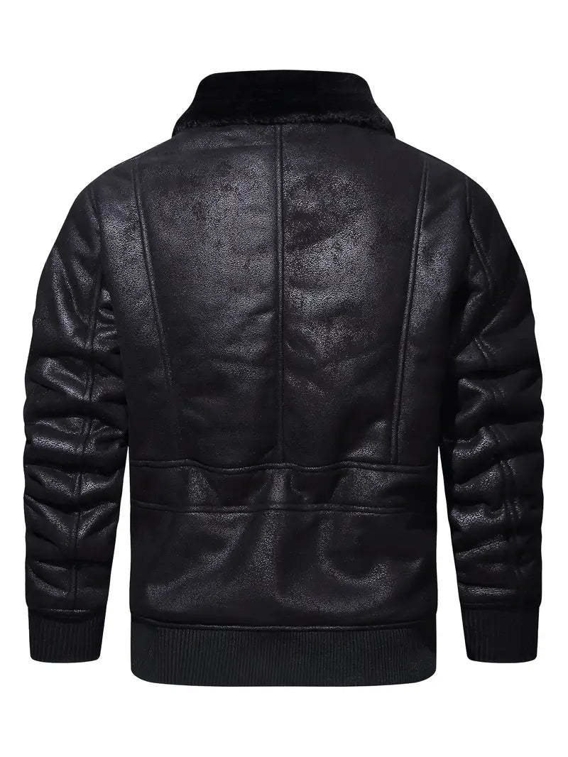 Vegan Leather Jacket with Shearling Collar