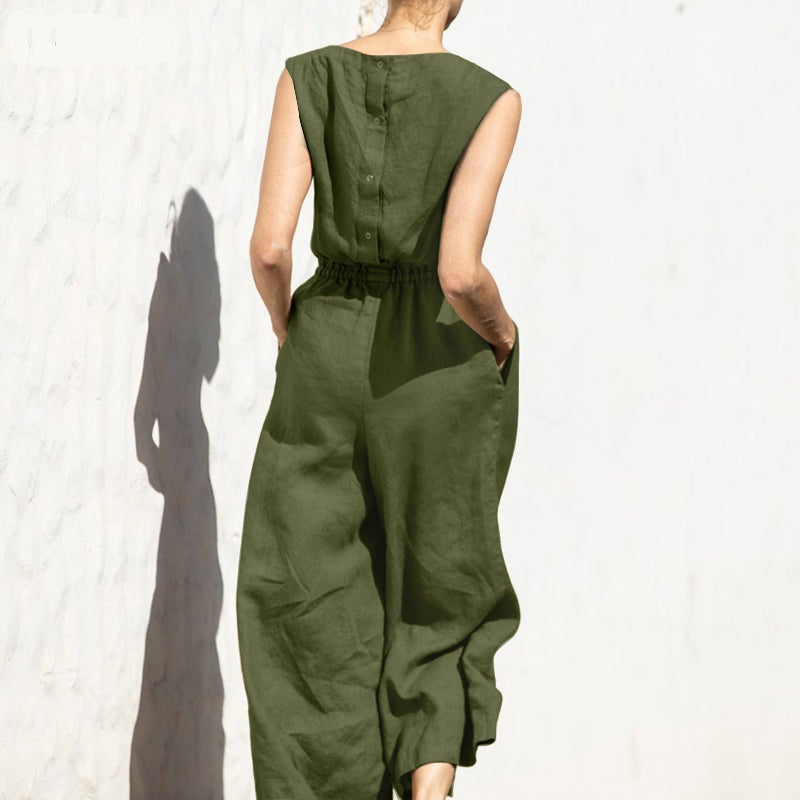 Plain Short Sleeve Linen Jumpsuit