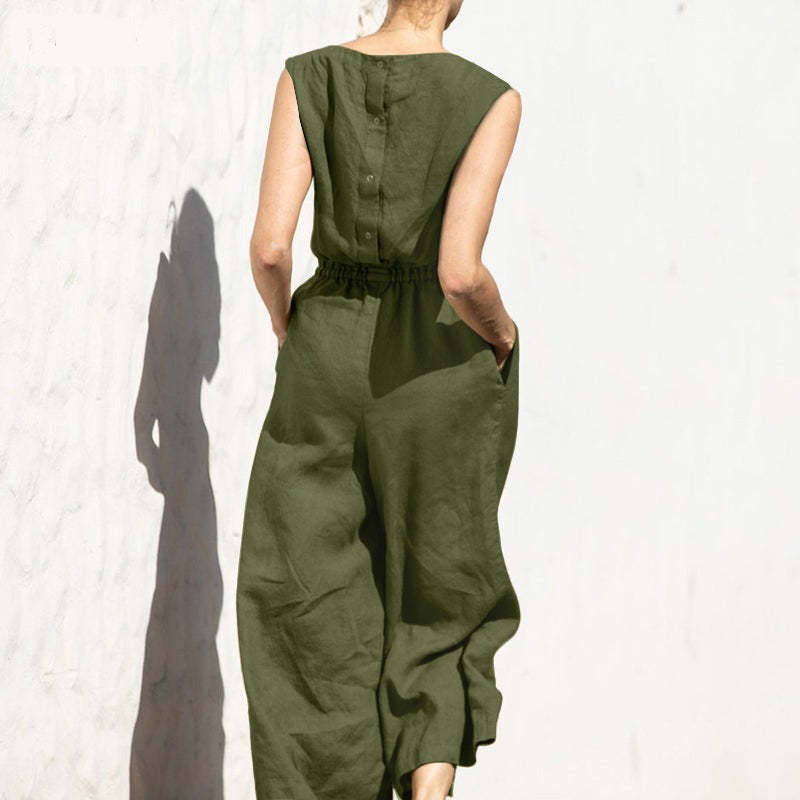Plain Short Sleeve Linen Jumpsuit