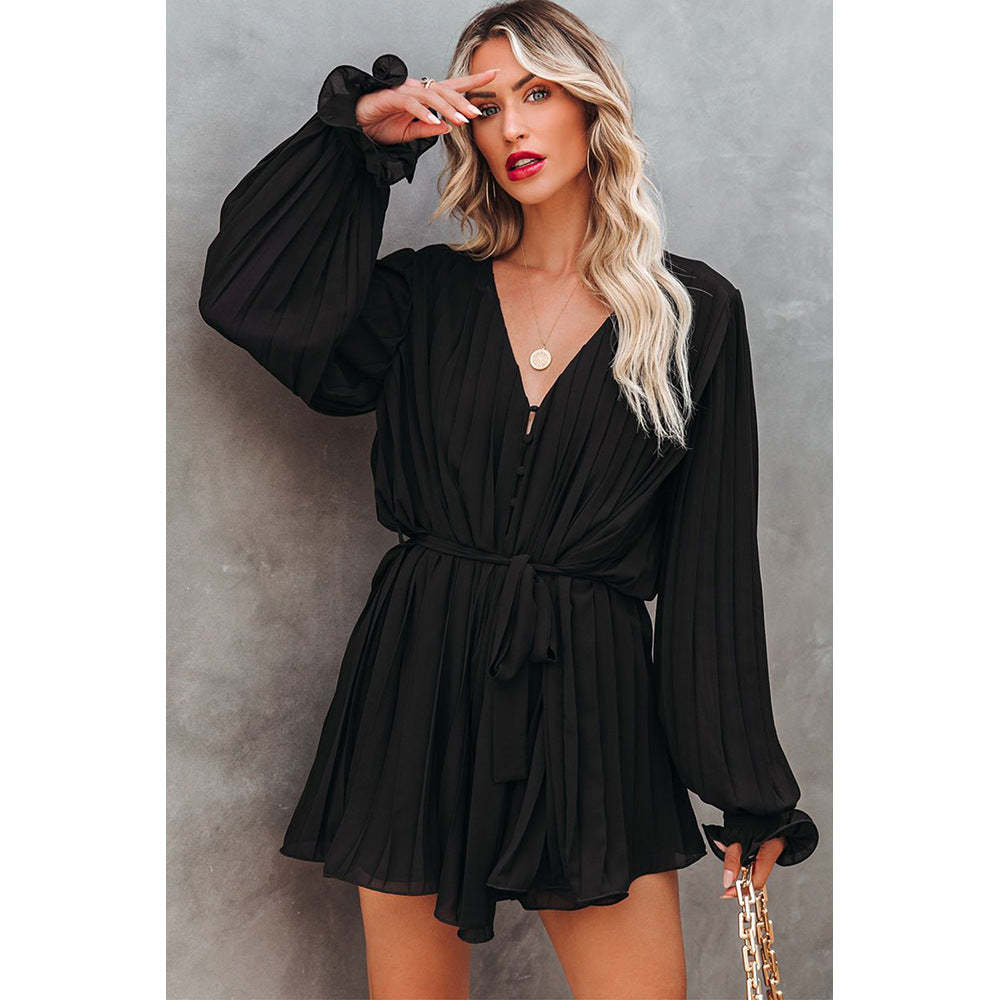 Lace-Up V-Neck Ruffle Dress