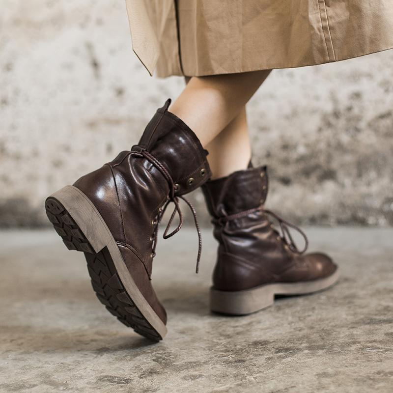 Women's Handmade Sheepskin Combat Boots Designer Retro Chunky Riding Boots
