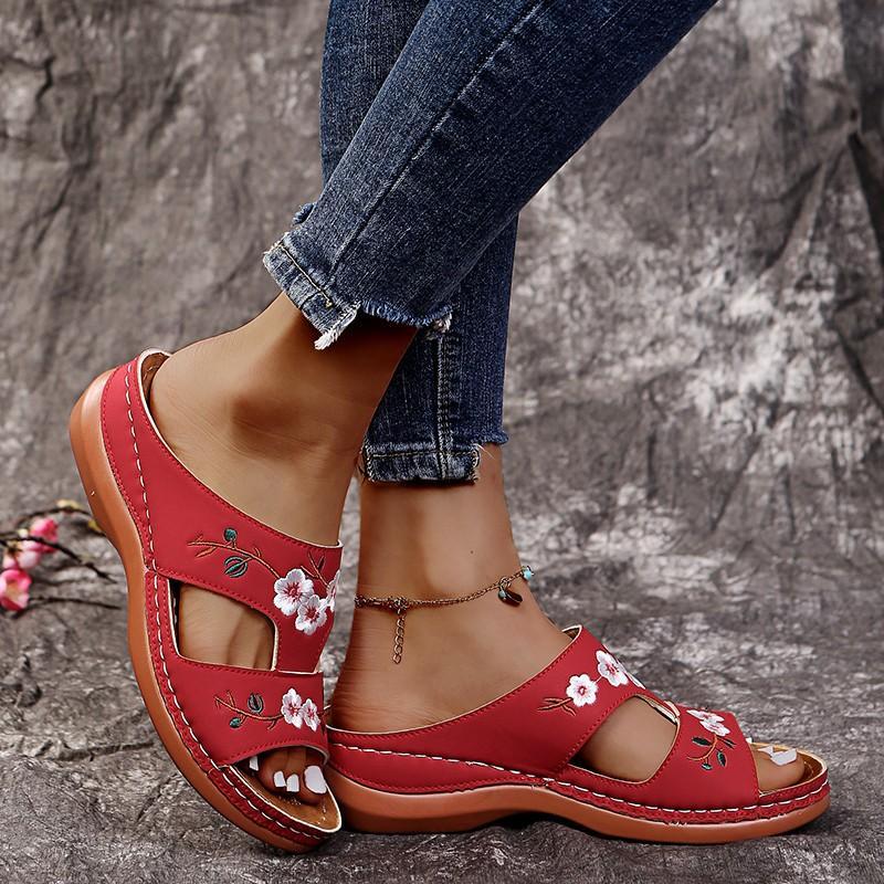 Premium Flower Embroidered Arch Support Anti-Slip Wedges Sandal