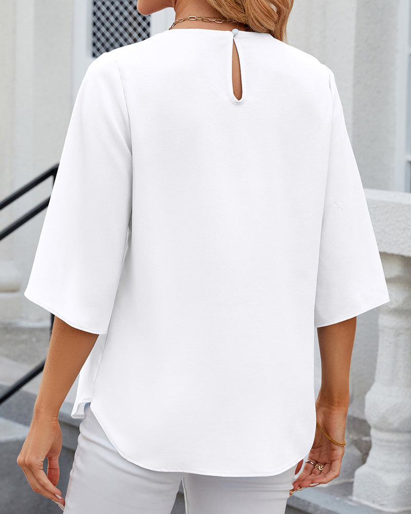 Pleated Neckline Half-Sleeve Blouse