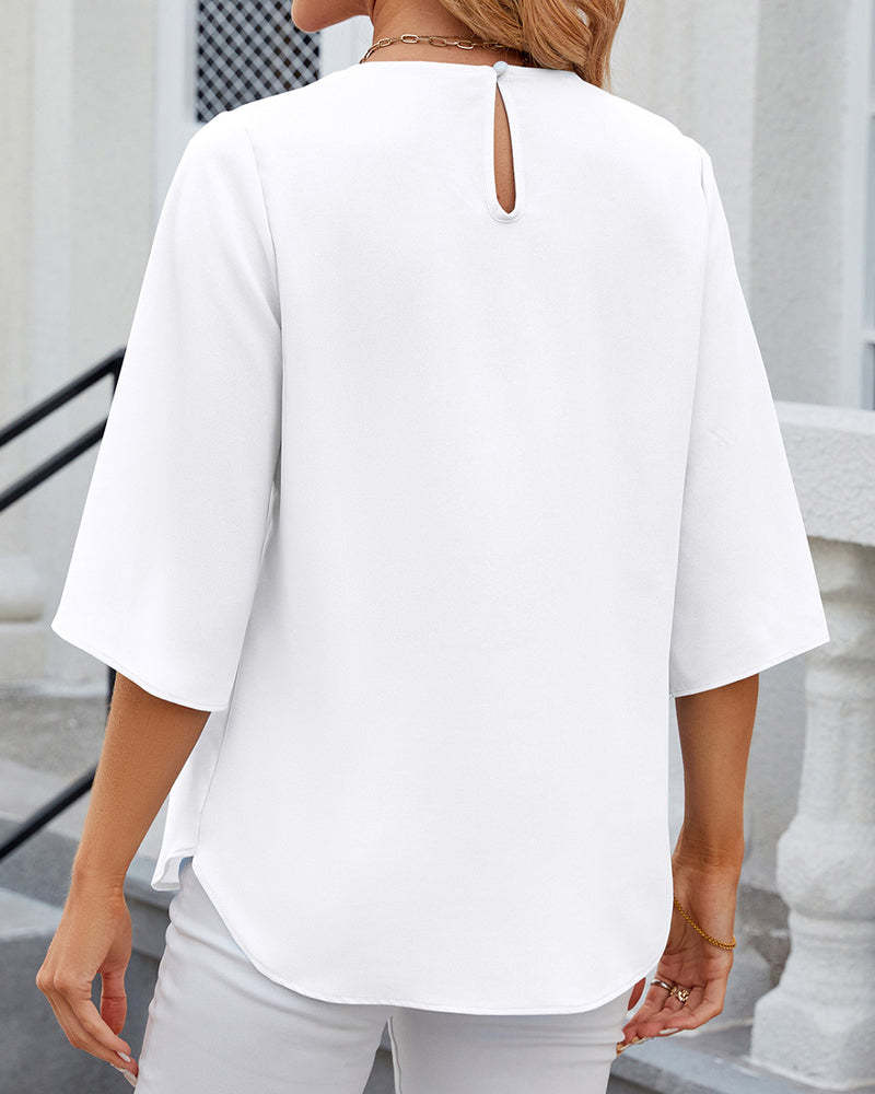Pleated Neckline Half-Sleeve Blouse