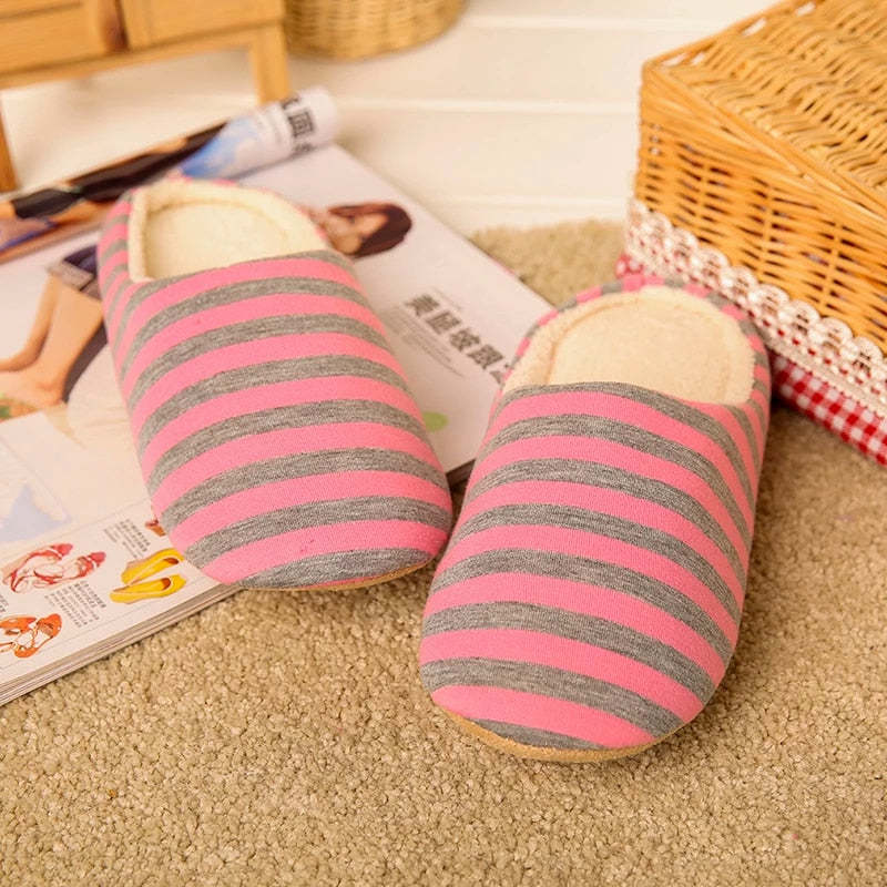 Women Warm Indoor Slippers Fur Striped Winter Slides