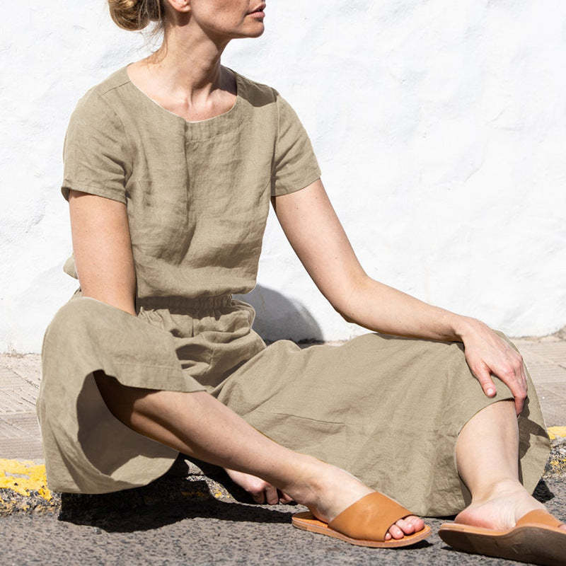 Plain Short Sleeve Linen Jumpsuit