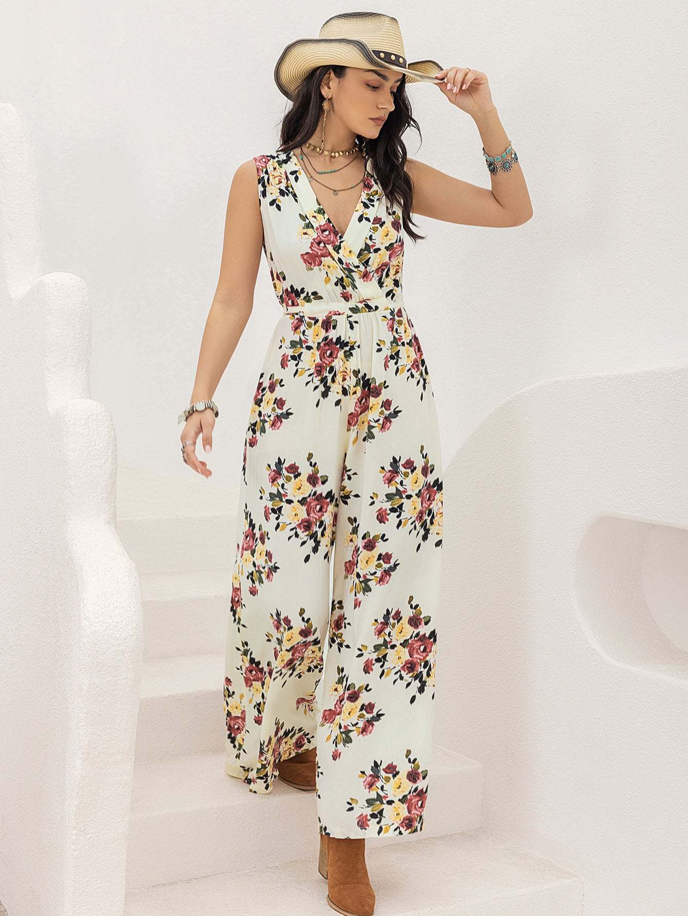 Floral Sleeve Wide-Leg Jumpsuit