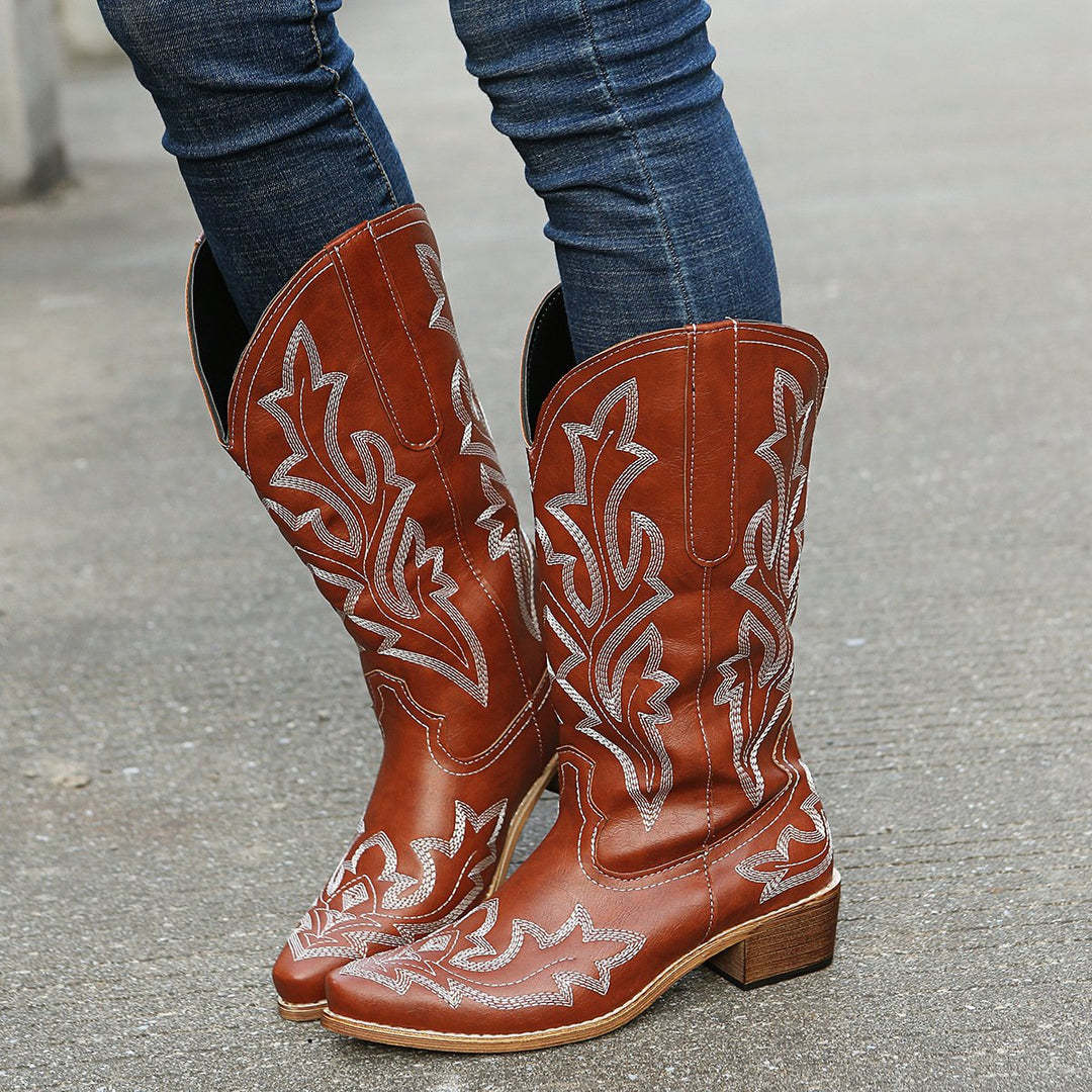 Women‘s Flower Embroidery Mid Calf Cowboy Boots Embroidery