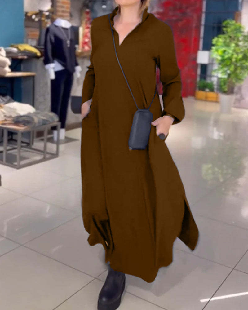 Loose Long Dress with Side Slit Lapel