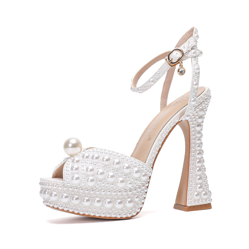 Women's Wedding Shoes Pearl Wedding Sandals Bridal Shoes Elegant Peep