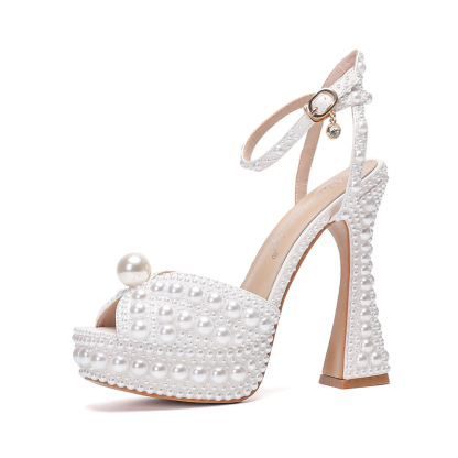 Women's Wedding Shoes Pearl Wedding Sandals Bridal Shoes Elegant Peep Toe Platform Flare Heel Shoes