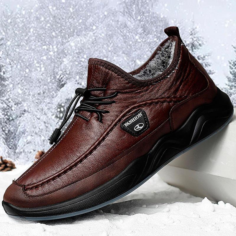 Men's Plush Lining Warm Elastic Lace Non Slip Casual Leather Shoes