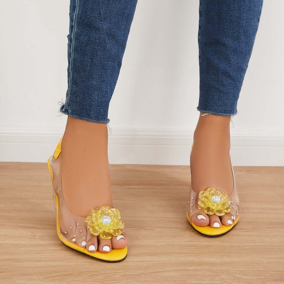 Women's Clear Flower Rhinestone Sparkly Slingback Heels Wedge Sandals