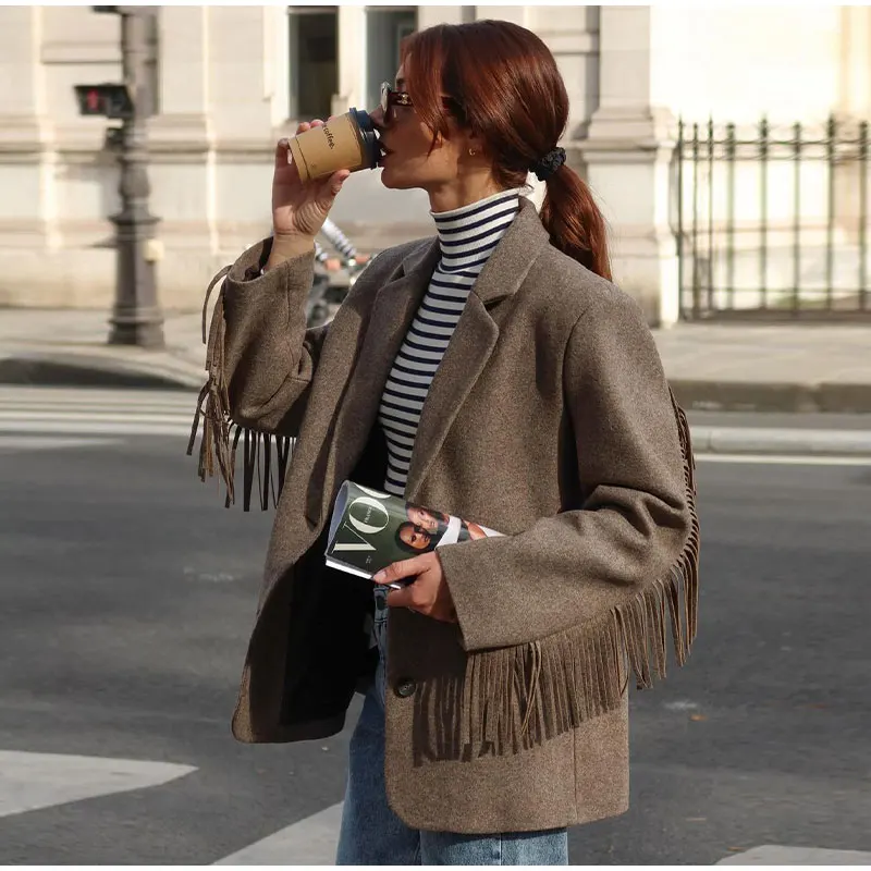 Fringe Accent Wool Blend Blazer