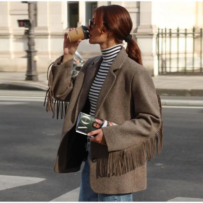 Fringe Accent Wool Blend Blazer
