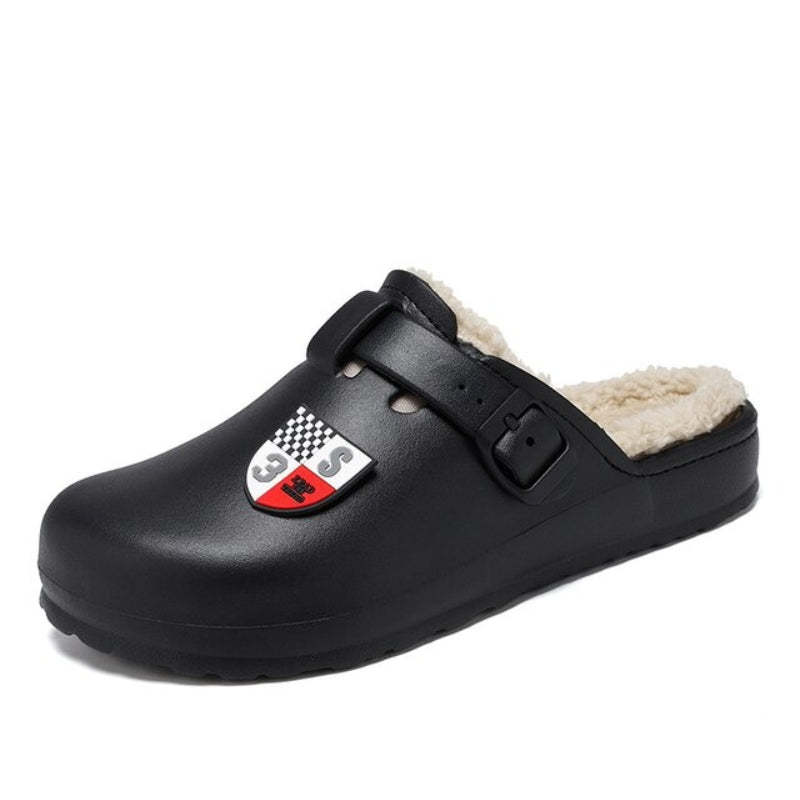 Men Fluffy Plush Slippers PU Winter Mule Clogs