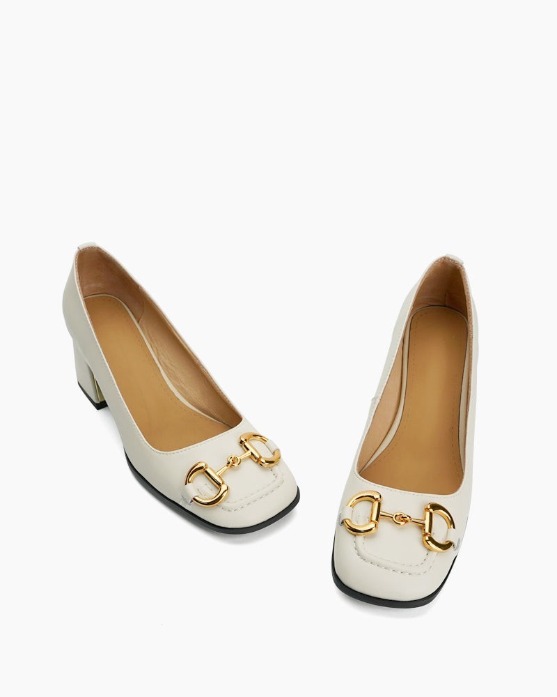 Classic Metal Buckle Thick Heel Shallow Mouth Loafers