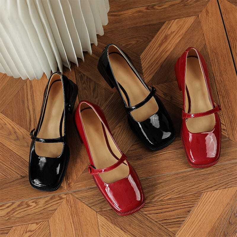 Handmade Patent Leather Mary Jane Pumps Block Heel Office Shoes