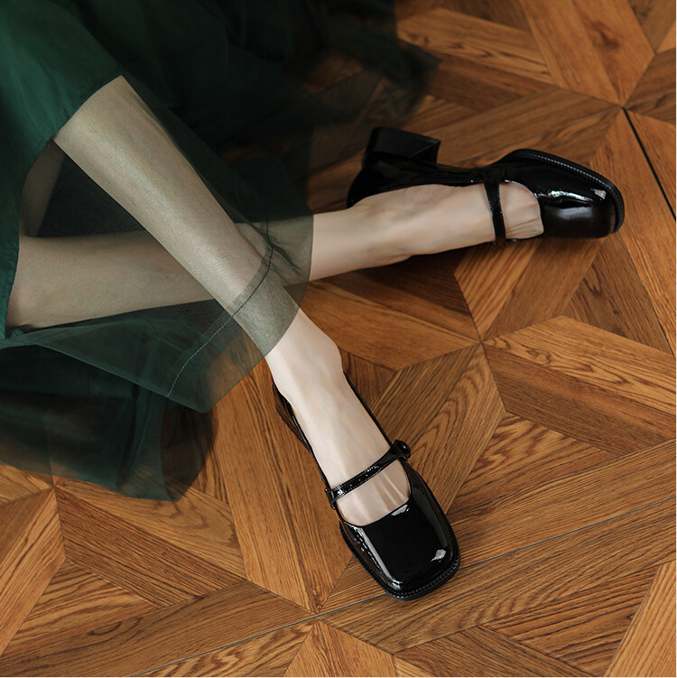 Handmade Patent Leather Mary Jane Pumps Block Heel Office Shoes