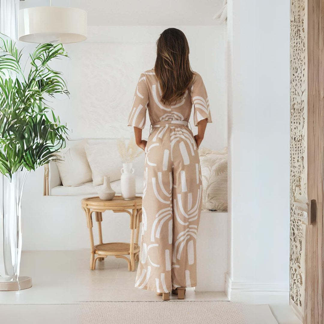 Beige Print Jumpsuit with Belt