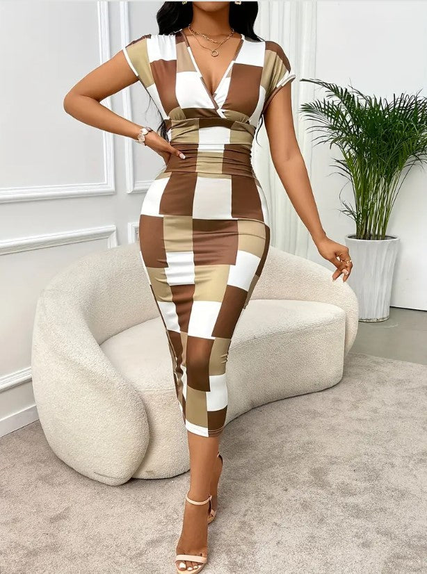 Checkered V-neck Midi Dress