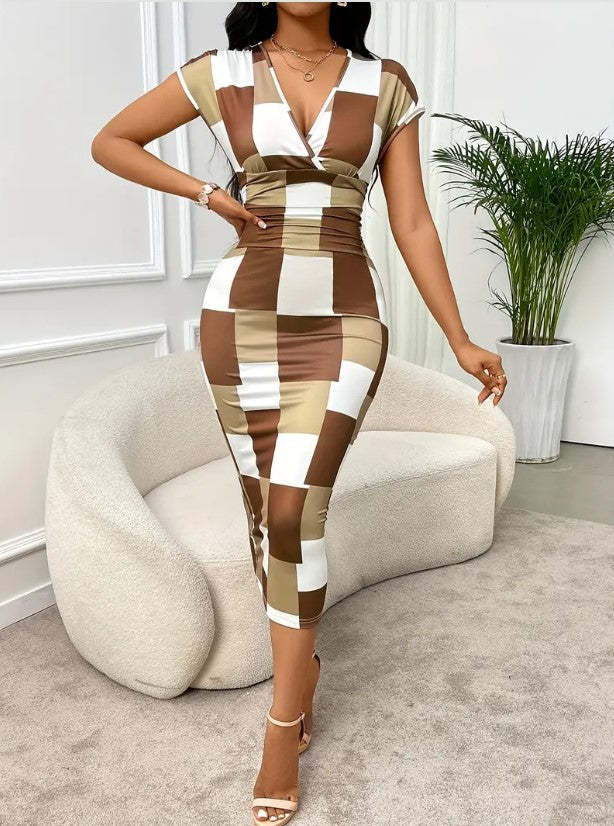 Checkered V-neck Midi Dress