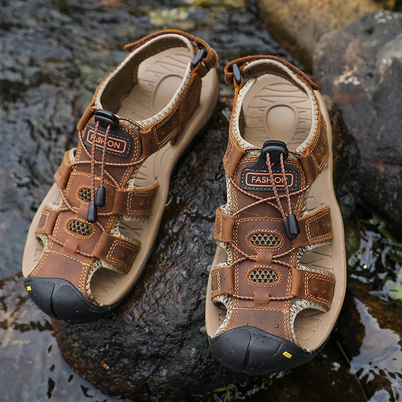 Men Summer Beach Leather Sandals Closed Toe Hollow out Breathable Shoes