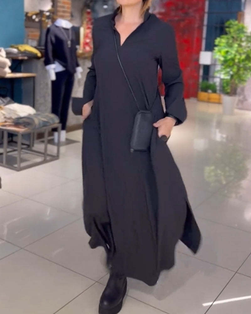 Loose Long Dress with Side Slit Lapel