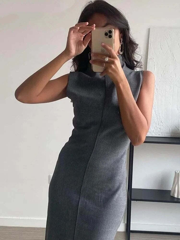 Elegant Charcoal Sleeve Sheath Dress