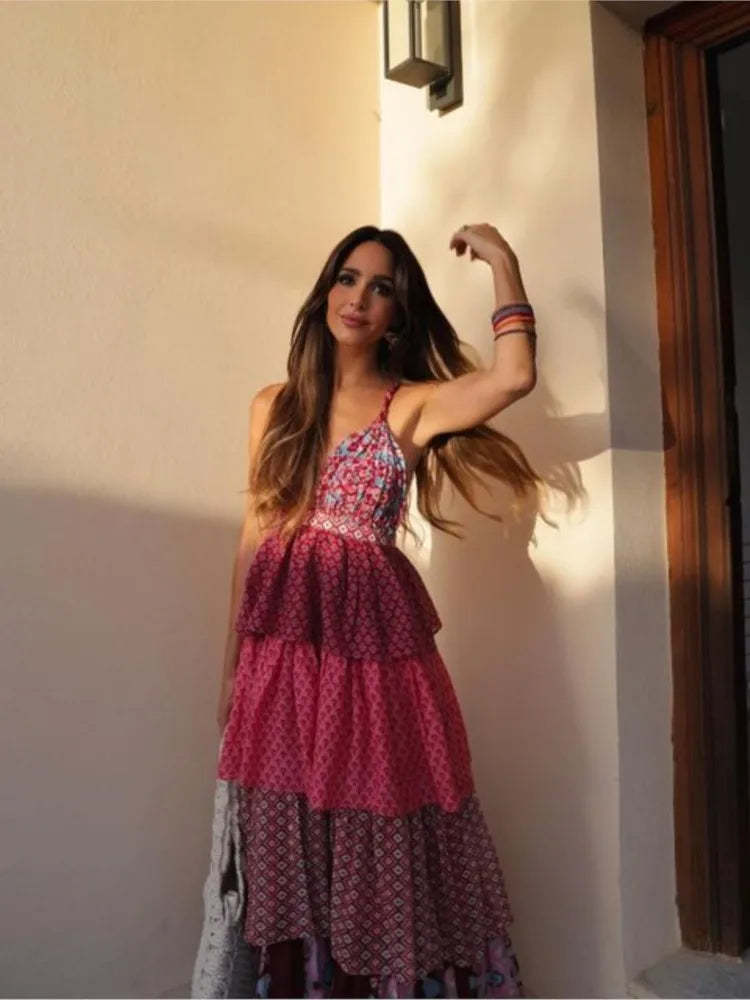 Tiered Pattern Mix Summer Dress