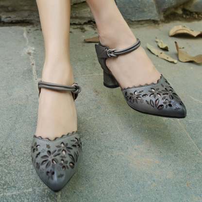 Women Handmade Leather Pumps Flowers Ankle Strap Formal Office Shoes For Women Original Design Gray/Coffee