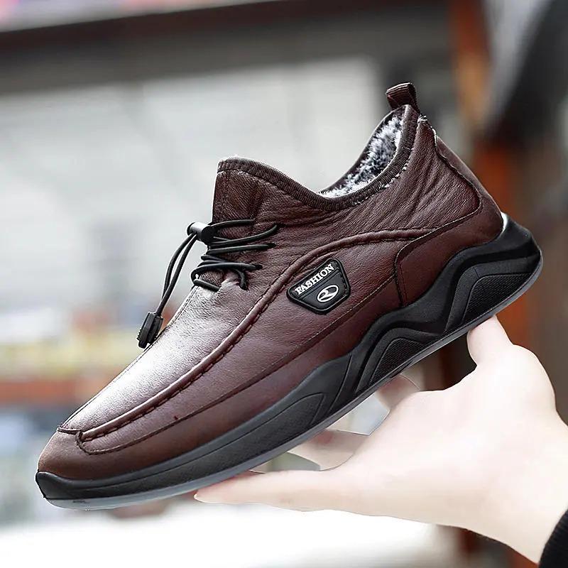 Men's Plush Lining Warm Elastic Lace Non Slip Casual Leather Shoes