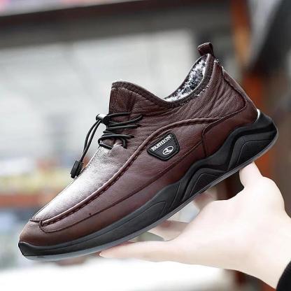 Men's Plush Lining Warm Elastic Lace Non Slip Casual Leather Shoes