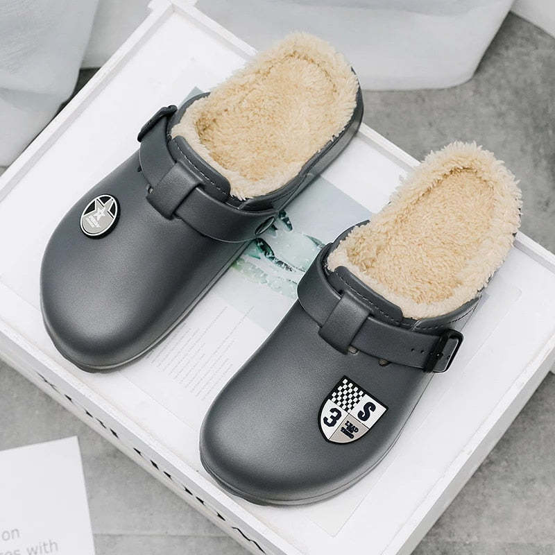 Men Fluffy Plush Slippers PU Winter Mule Clogs